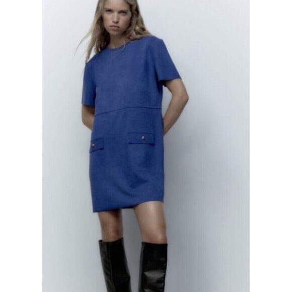 ZARA FAUX SUEDE Shift Dress Sz M Retro Modern Blue Comfort Crew Short Sleeve - Picture 1 of 10
